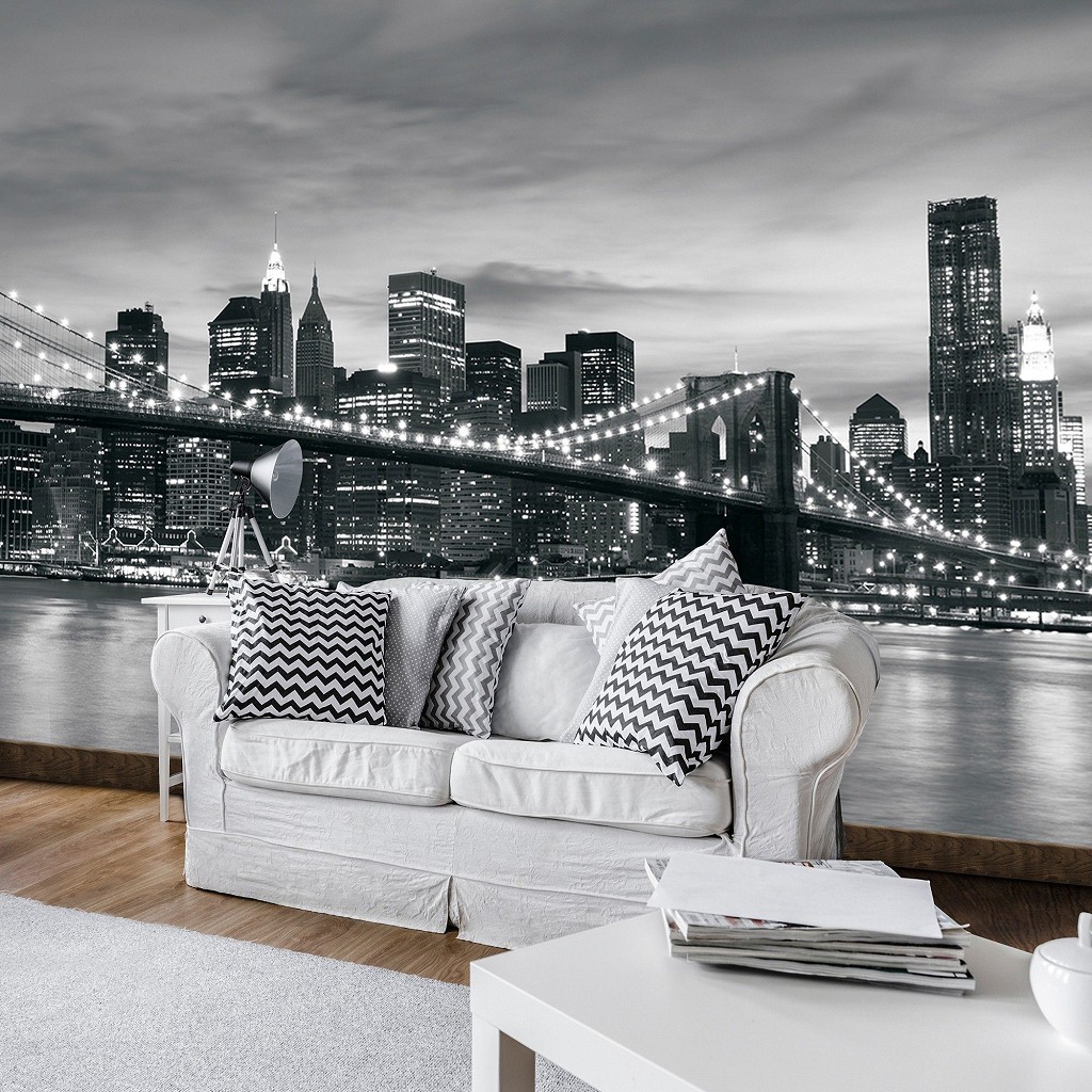 Флізелінові фото шпалери чорно-білі для стін 416x254 см Бруклінський міст (011VEXXXL)+клей