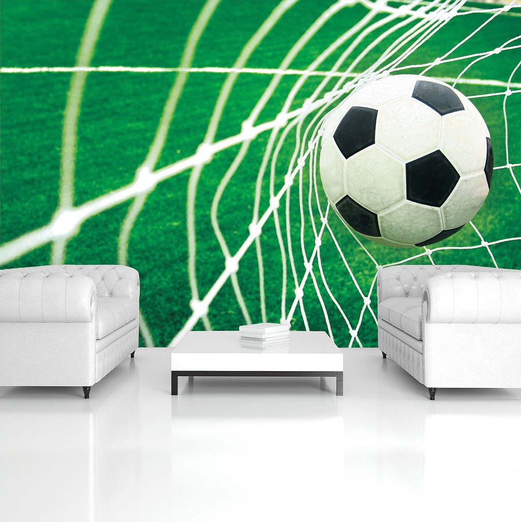 Флизелиновые 3д фотообои футбольное поле 312х219 см мяч в воротах (015VEXXL)+клей