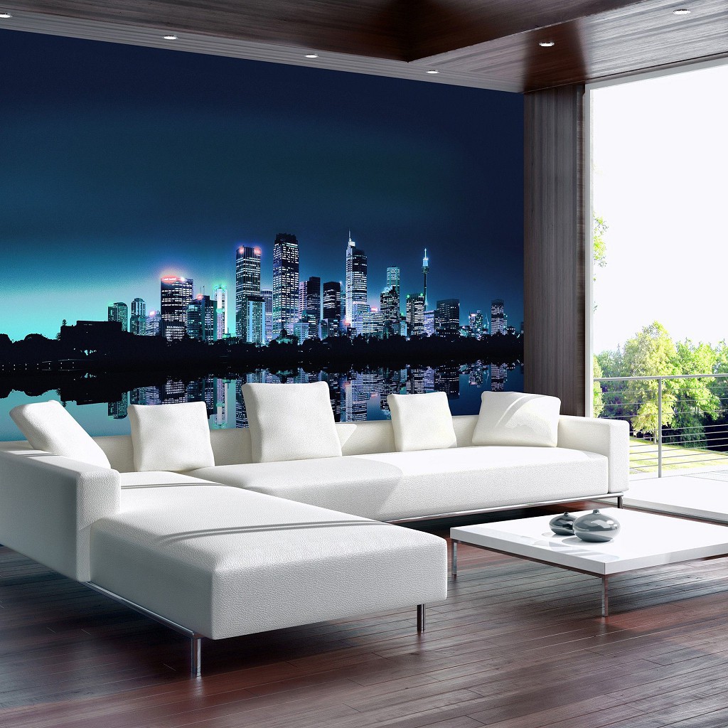 Флизелиновые фотообои в гостиную 368х254 см Город Нью-Йорк - Отражение небоскребов на синем фоне (051V8)+клей