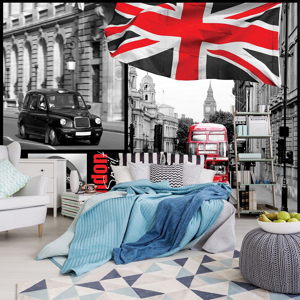Флизелиновые фото обои город на стену 368х254 см Лондонские улицы и английский флаг (059V8)+клей