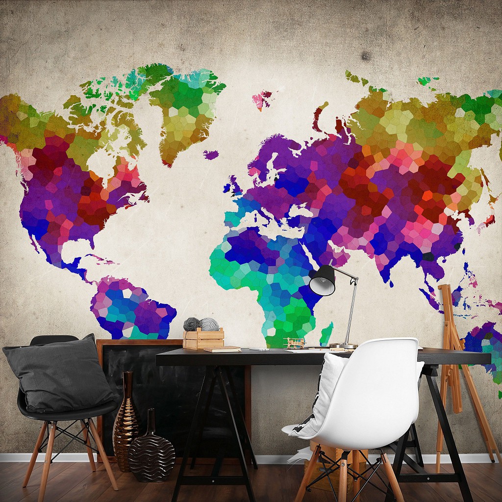 Флізелінові фотошпалери красиві 312x219 см Різнокольорова карта світу в мозаїці (10009VEXXL) +клей