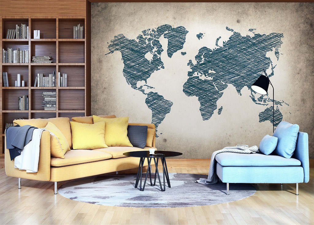 Флизелиновые фотообои для спальни 416x254 см Карта мира в темно сером-оттенке (10010VEXXXL) +клей
