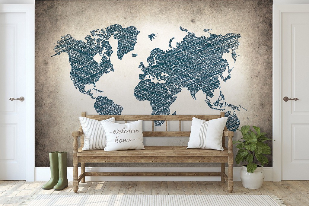 Флізелінові фото шпалери з картами 368x254 см Карта світу з блакитною бетонною структурою (10010V8)+клей