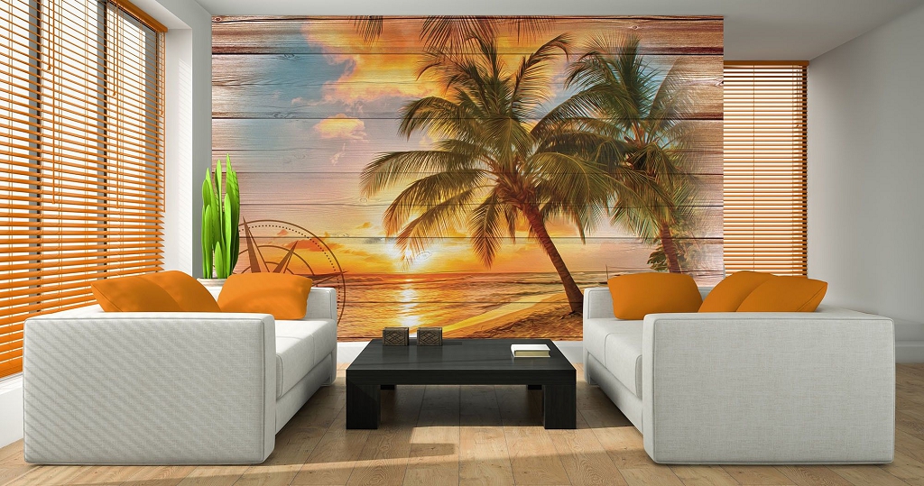 Флізелінові фотошпалери з природою в інтер'єрі 416x254 см Пейзаж пляжного заходу сонця на дошках (10027VEXXXL) +клей