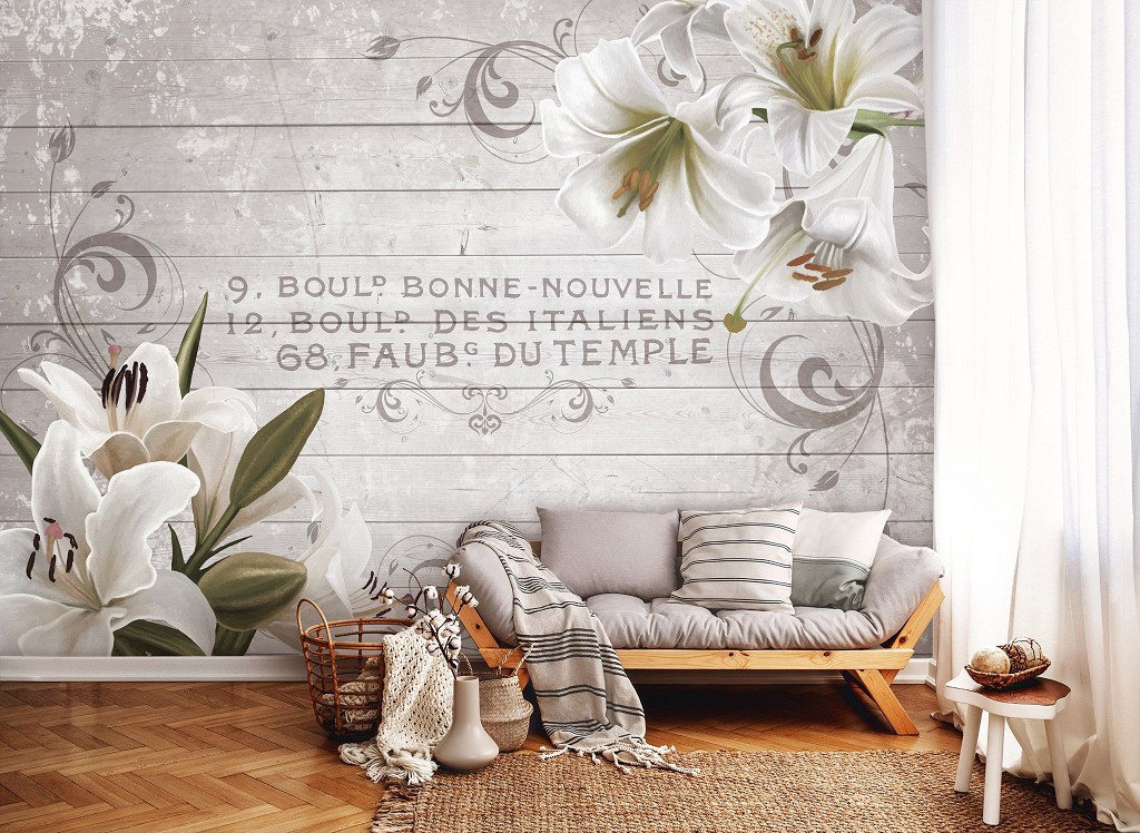 Фото шпалери лілії вінтаж орнаменти 254x184 см Квіти на дошках (10050P4)+клей