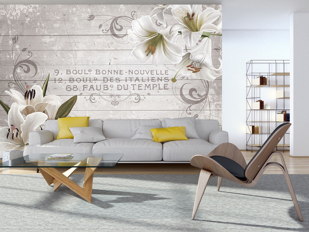 Флізелінові фотошпалери вінтаж орнаменти 254x184 см Білі лілії на дерев'яні дошки (10050V4)+клей