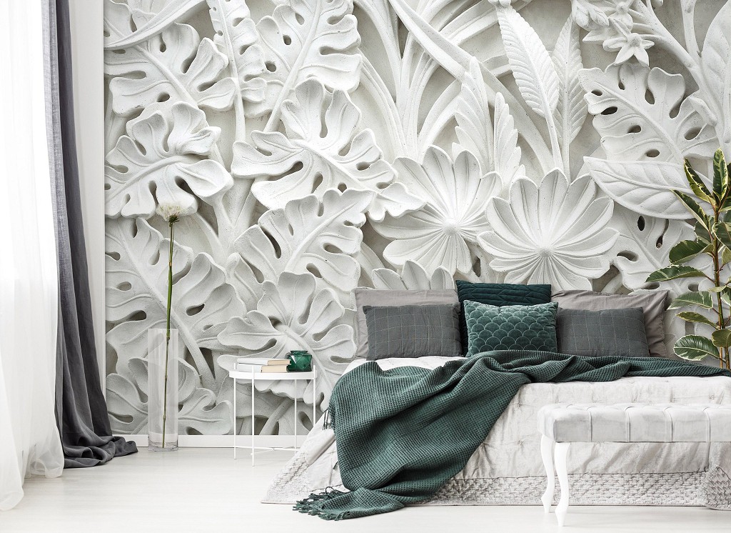 Флизелиновые фотообои 3d Листья 416x254 см Барельеф из алебастровых цветов (10052VEXXXL)+клей