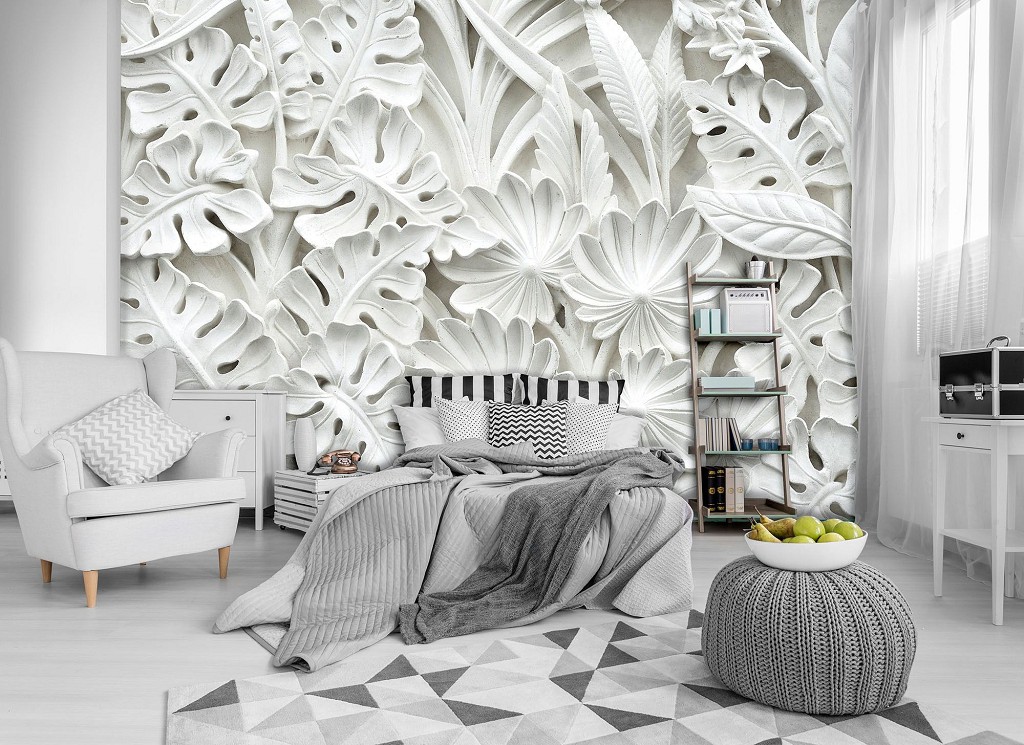 Флізелінові 3д фотошпалери квіти на стіні 520x318 см Барельєф з білого алебастрового листя (10052VEXXXXXL) +клей