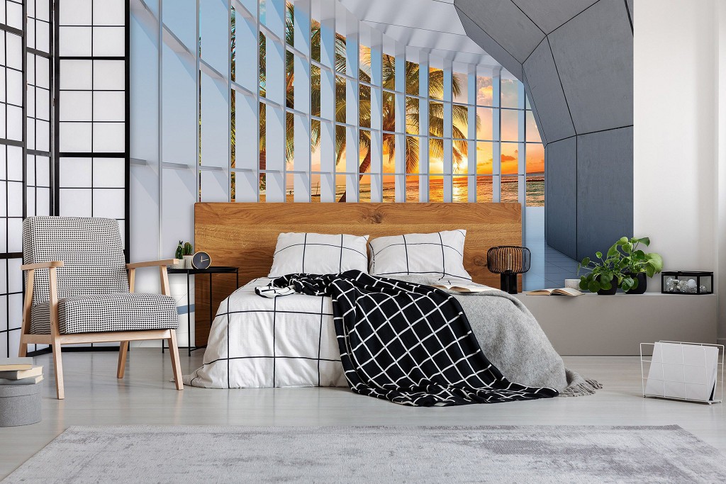 Флизелиновые фотообои закат 3д коридор 312x219 см Тоннель с большим окном с видом на морской пляж (10053VEXXL)+клей