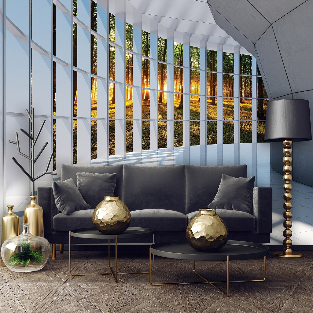 Флізелінові фотошпалери на кухню вид з вікна 312х219 см 3д Коридор Тунель з видом на захід сонця в лісі (10056VEXXL)+клей