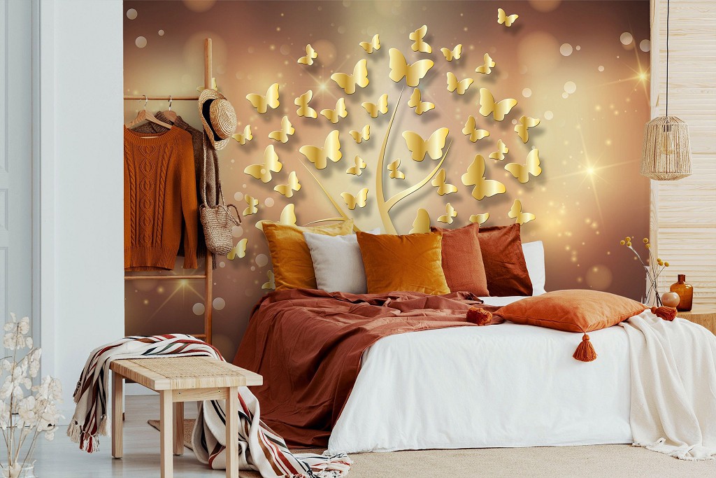 Флізелінові фотошпалери 3д 254x184 см Дерево та Золоті Метелики (10061V4)+клей