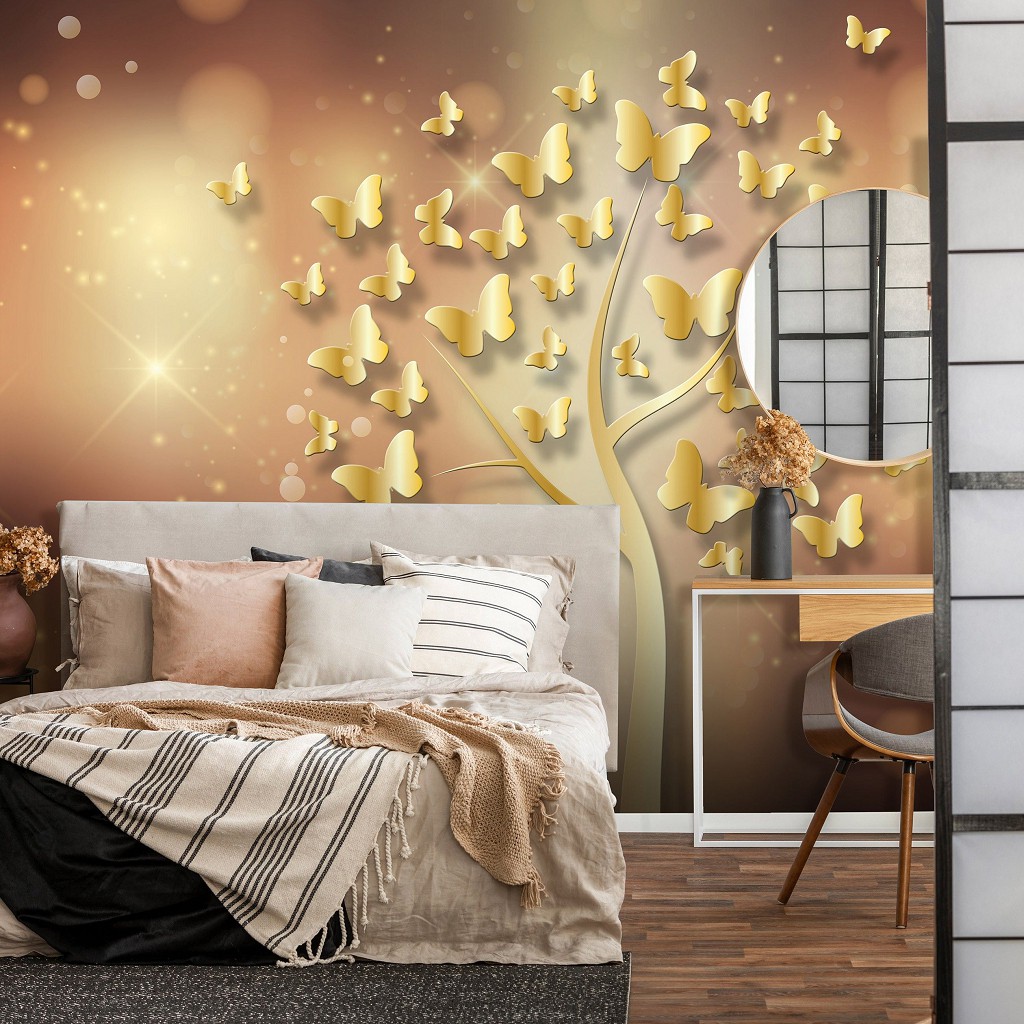 Флізелінові фотошпалери в інтер'єрі 368x280 см Золоте дерево на барвистий фон (10061V10) +клей