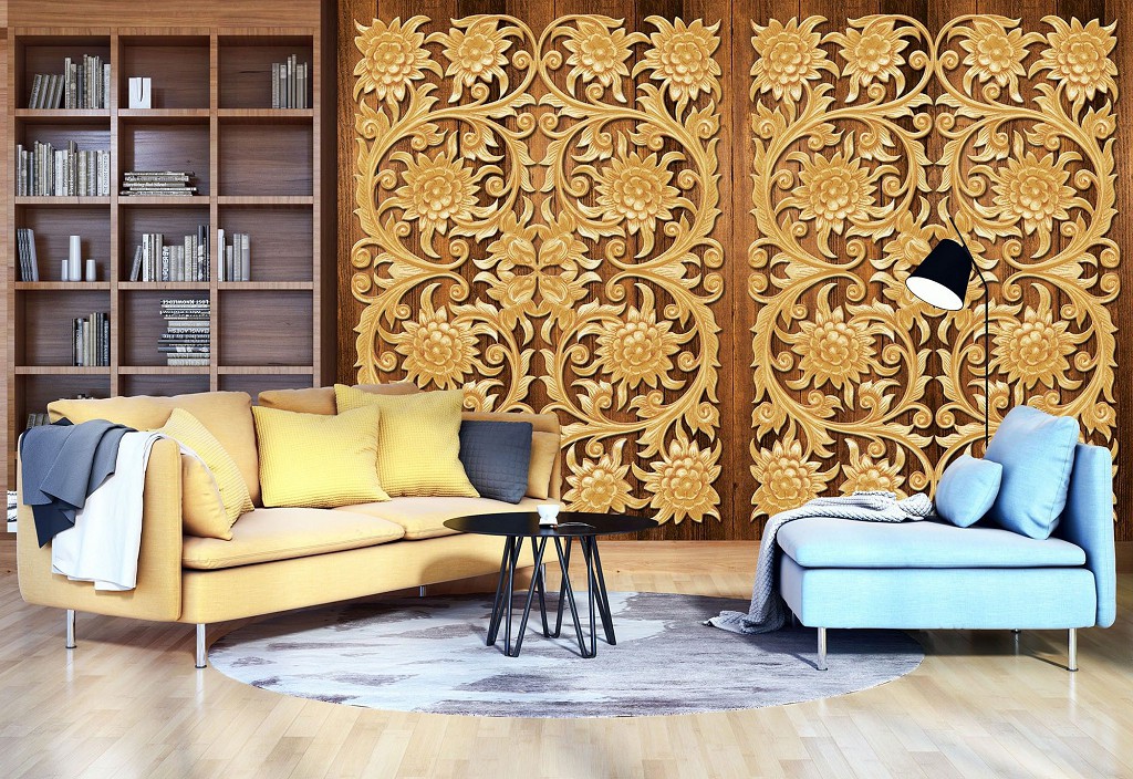 Флізелінові фотошпалери до спальні 254x184 см Абстракція Орнаменти Дерев'яні Квіти Барельєф (10066V4)+клей