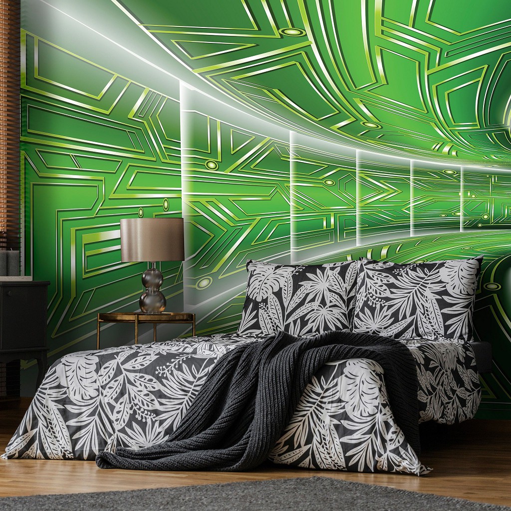 Абстракція флізелінові 3д фотошпалери 368x280 см Модерний тунель у зеленому кольорі (10074V10) +клей