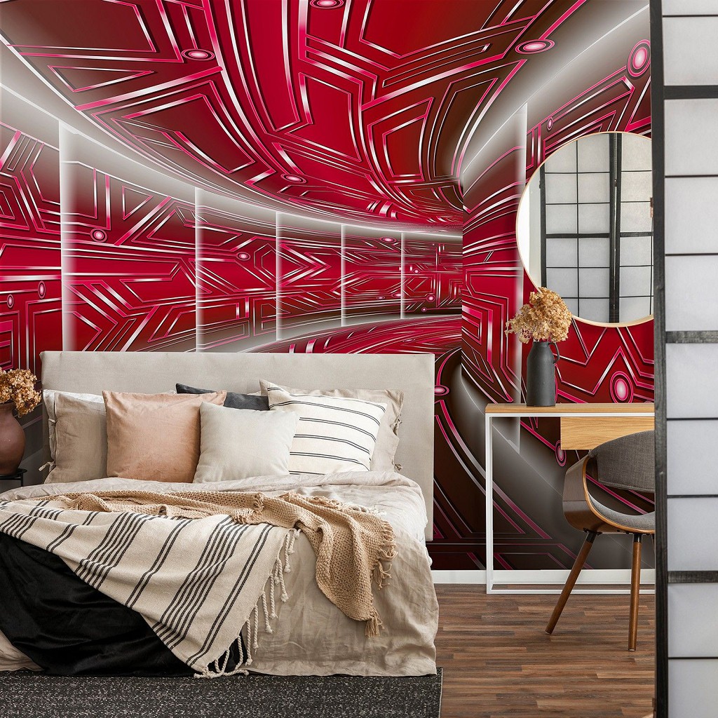 Флизелиновые 3д фотообои на стену 416x254 см Модерный туннель в красном цвете (10075VEXXXL) +клей