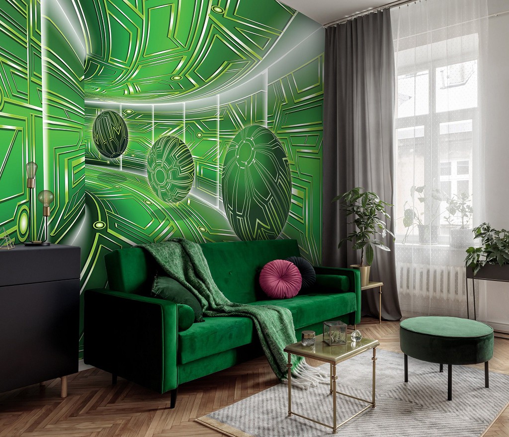 3d флизелиновые фотообои 416x290 см Модерный туннель в зеленом цвете с шарами (10077VEXXXXL) +клей