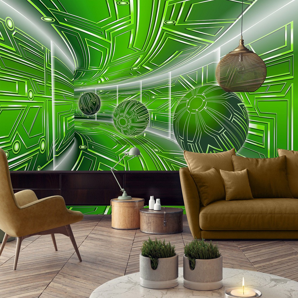 Флізелінові фотошпалери геометрія 3D Тунель 254x184 см Зелений коридор із кулями (10077V4)+клей