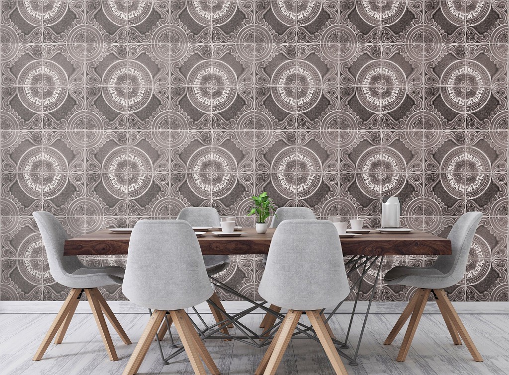 Флизелиновые фотообои геометрия в интерьере 416x254 см Мозаика на плитке с узорами в сером цвете (10100VEXXXL) +клей