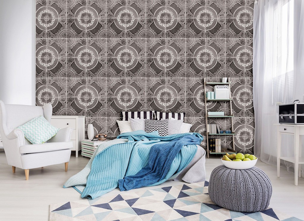 Флізелінові фотошпалери абстракція 368x280 см Мозаїка на плитці з візерунками у сірому кольорі (10100V10) +клей