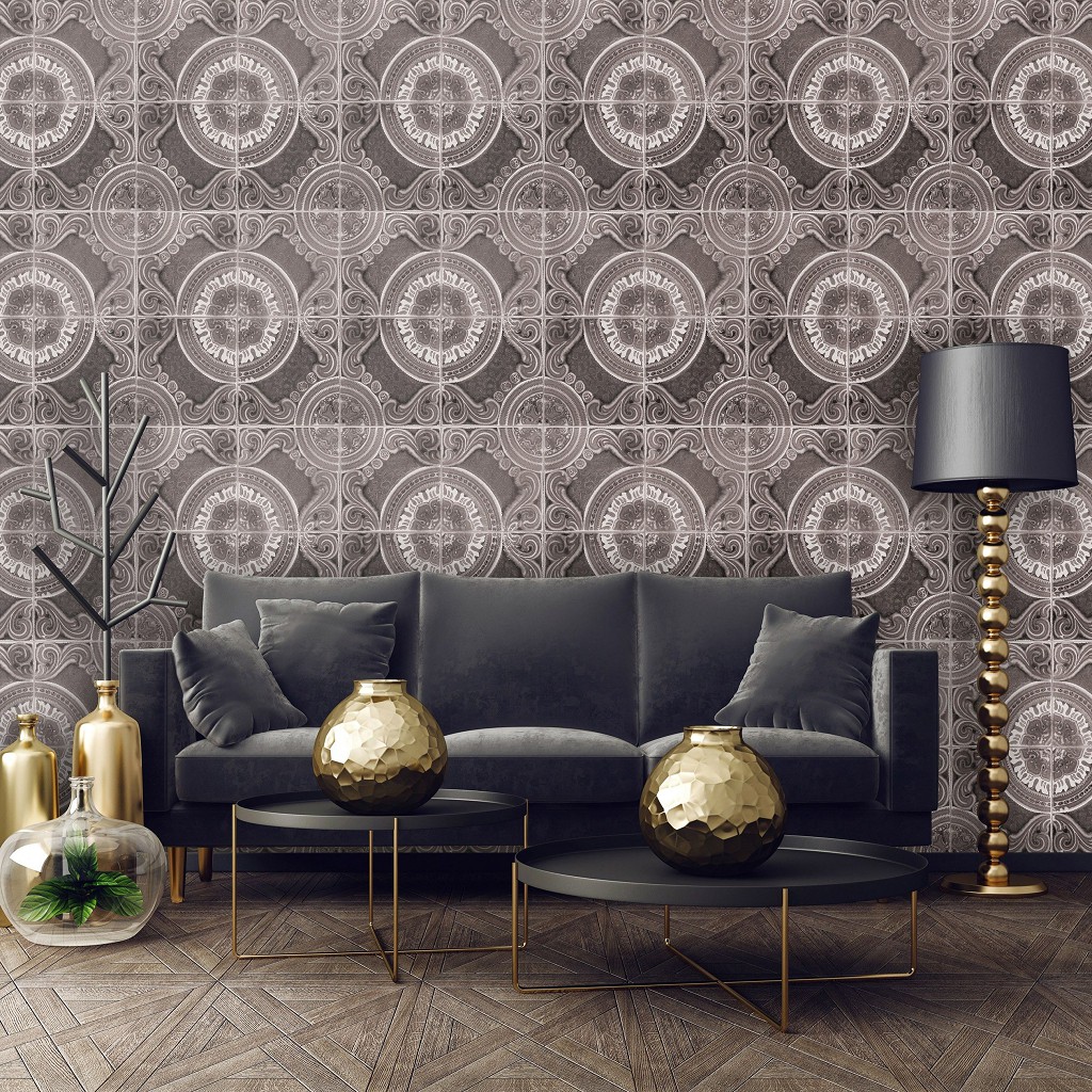 Флізелінові фотошпалери візерунки 312x219 см Мозаїка на плитці з візерунками у сірому кольорі (10100VEXXL) +клей