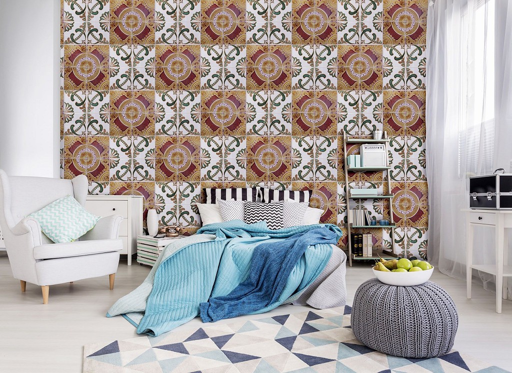 Флизелиновые фотообои на кухню 460x300 см Мозаика на плитке в шахматном порядке с узорами (10102V12) +клей