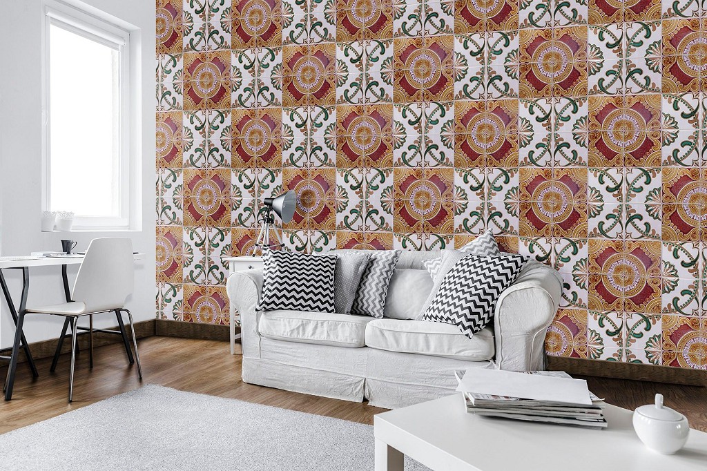 Флизелиновые фотообои абстракция в интерьере 416x290 см Мозаика на плитке в шахматном порядке с узорами (10102VEXXXXL) +клей