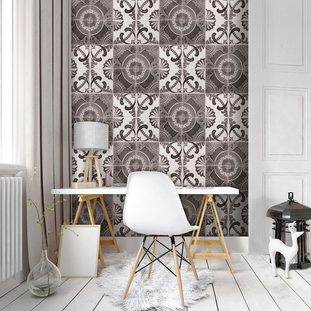 Флізелінові фотошпалери 184x254 см Геометричний східний орнамент Біла та сіра мозаїка під плитку (10103V4A)+клей