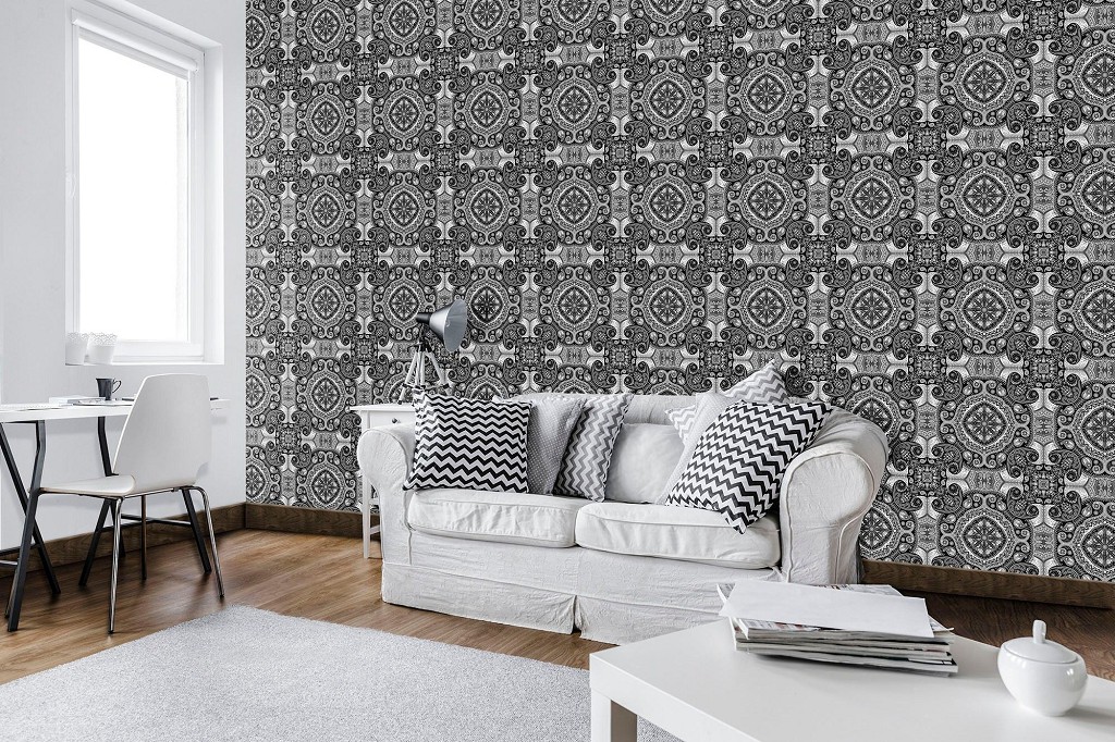 Флізелінові фотошпалери з малюнком плитки 368x280 см Мозаїка у чорно-сірому кольорі з візерунками (10107V10) +клей