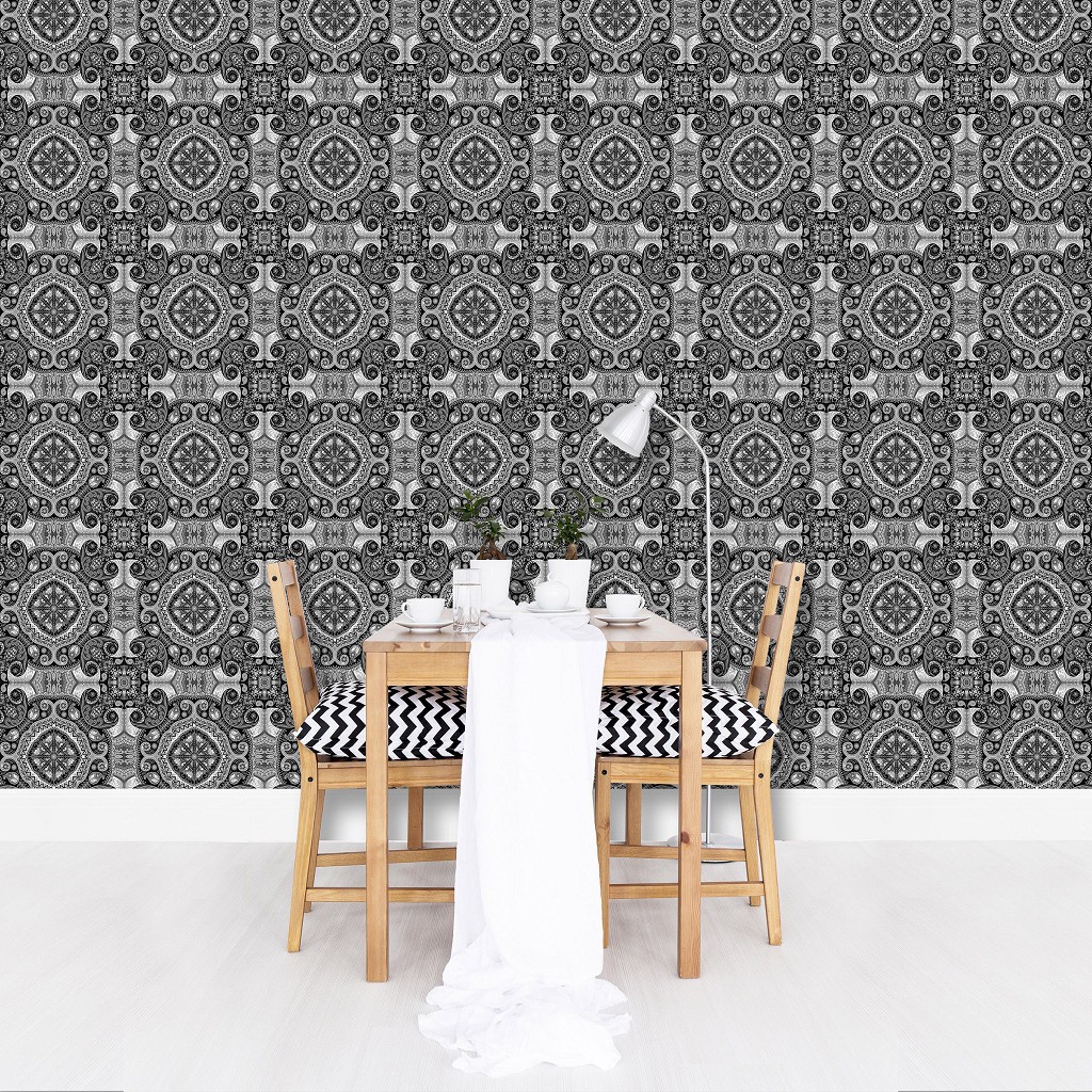Флизелиновые фотообои для кухни 368x254 см Мозаика в черно-сером цвете с узорами (10107V8) +клей