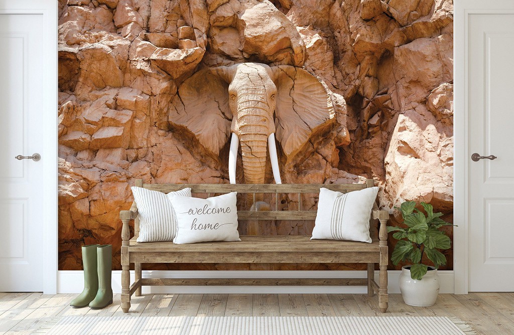 Флизелиновые 3д фотообои с животными в интерьере 312x219 см Слон высеченный в скалах под солнцем (10114VEXXL) +клей