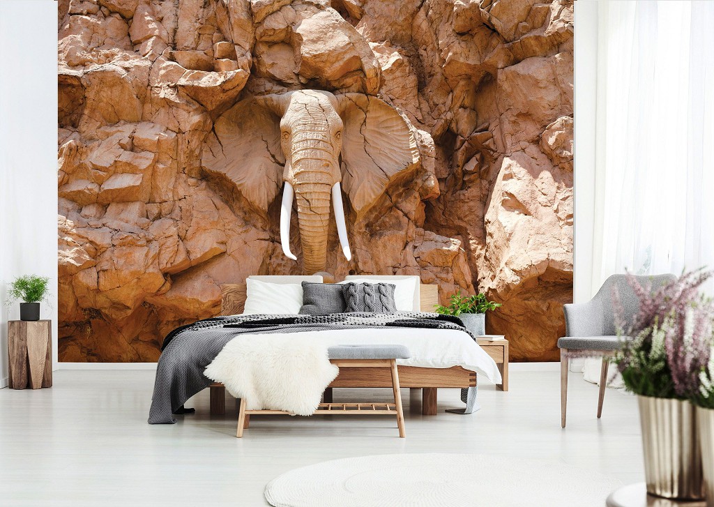 Флізелінові 3д фотошпалери фото тварини 416x254 см Слон висічений у скелях під сонцем (10114VEXXXL) +клей