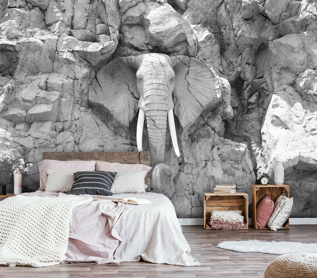 Флізелінові фотошпалери 3д тварини каміння 520x318 см Сірий скельний слон у чорно-білому кольорі (10116VEXXXXXL) +клей