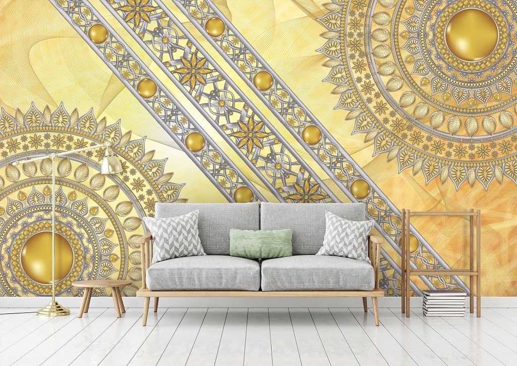 Мистецтво флізелінові фотошпалери 416x254 см Мандала в золоті у візерунках та лініях (10118VEXXXL) +клей