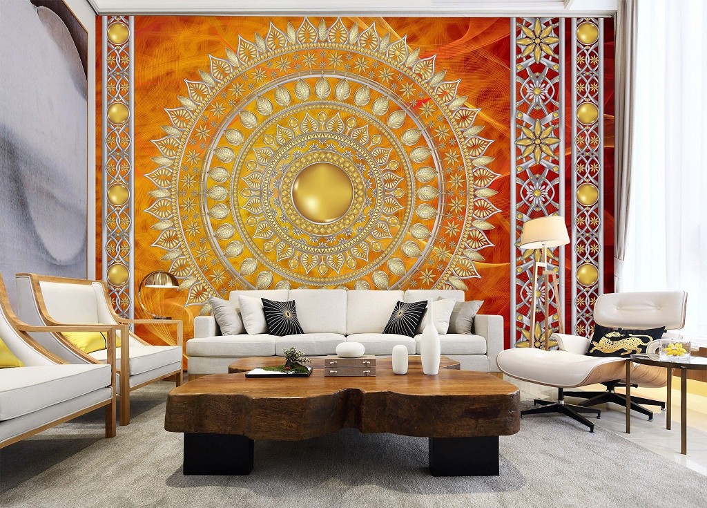 Флізелінові фотошпалери геометричним малюнком східний стиль 416x254 см Золота мандала в червоному з візерунками (10119VEXXXL) +клей