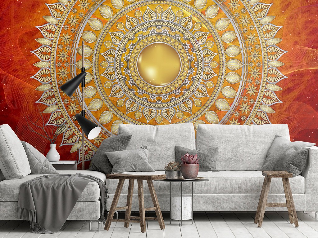 Абстрактні флізелінові фотошпалери східний стиль 312x219 см Мандала в червоному з візерунками (10120VEXXL) +клей