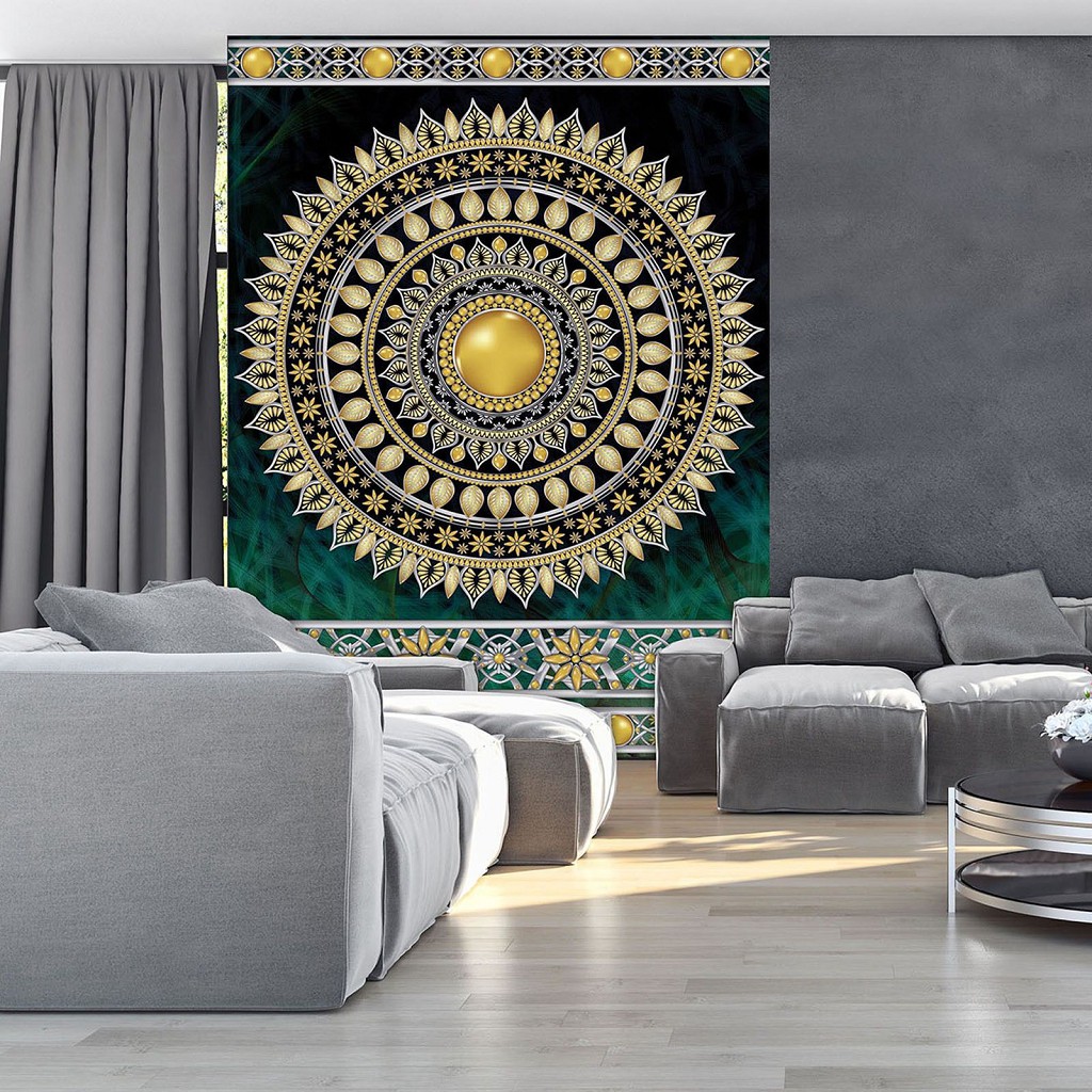 Флизелиновые фотообои геометрический узор 206x275 см мандала с золотым и зеленым орнаментом (10121VEA)+клей