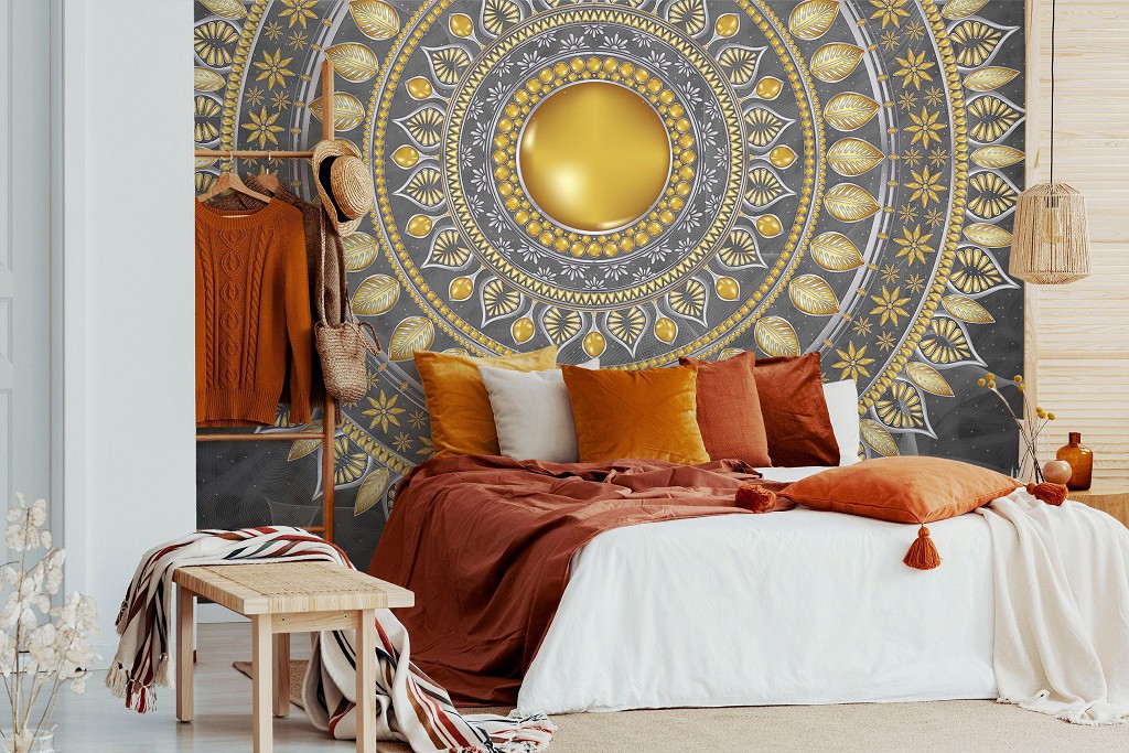 Абстракция флизелиновые фотообои восточный узор 460x300 см Золотая мандала на сером фоне (10122V12) +клей