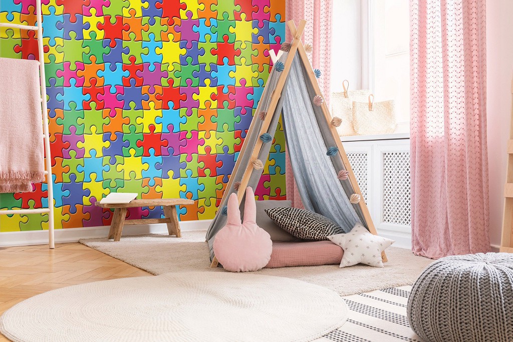 Флізелінові фотошпалери в дитячу кімнату 368x280 см Різнокольорові пазли на стіні (10127V10) +клей