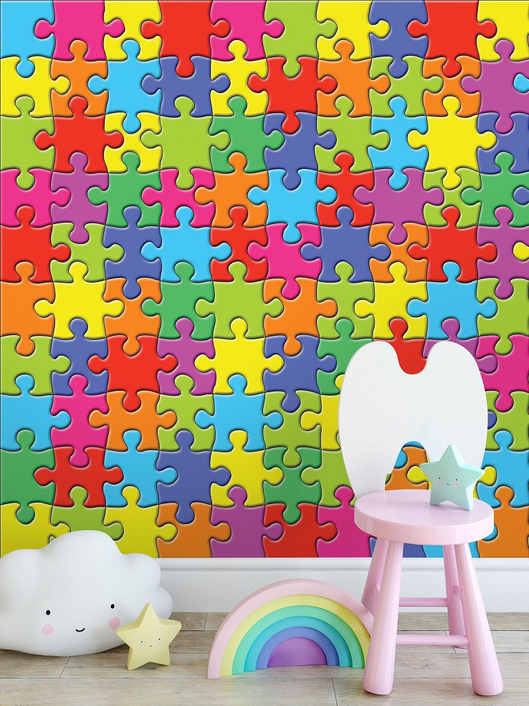 Флизелиновые фотообои 416x254 см Разноцветные пазлы на стене (10127VEXXXL) +клей