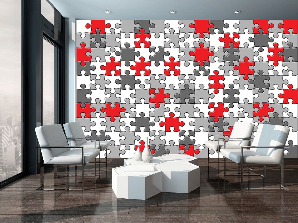 Флизелиновые фотообои детские 368x280 см Черно-белые пазлы с вкраплениями красного (10128V10) +клей
