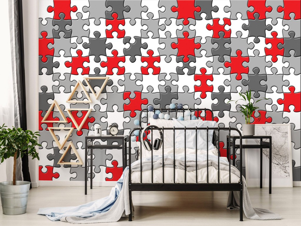 Флізелінові фотошпалери в дитячу 368x254 см Чорно-білі пазли із вкрапленнями червоного (10128V8) +клей