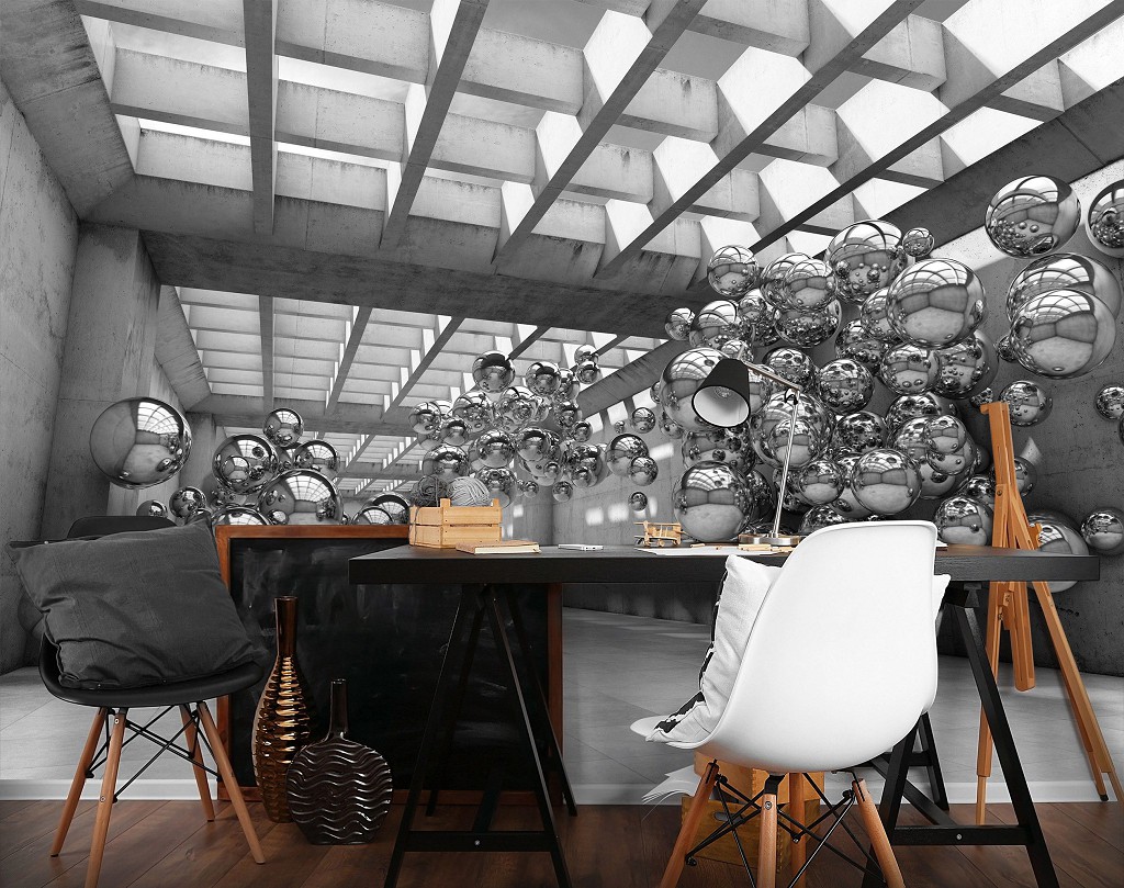 Флизелиновые фотообои 3 д модерн фото Серая комната с шарами (10132V)+клей