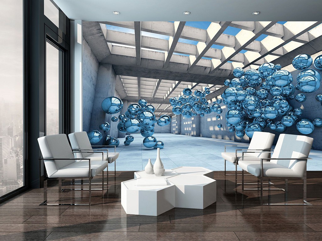 Флизелиновые красивые современные 3д фото обои абстракция 368х254 см Большая комната с синими шарами (10134V8)+клей