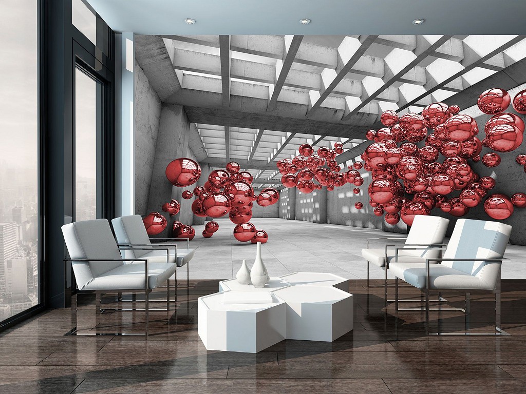 Флизелиновые современные фотообои 312x219 см 3D Серая комната с красными шарами (10135VEXXL)+клей