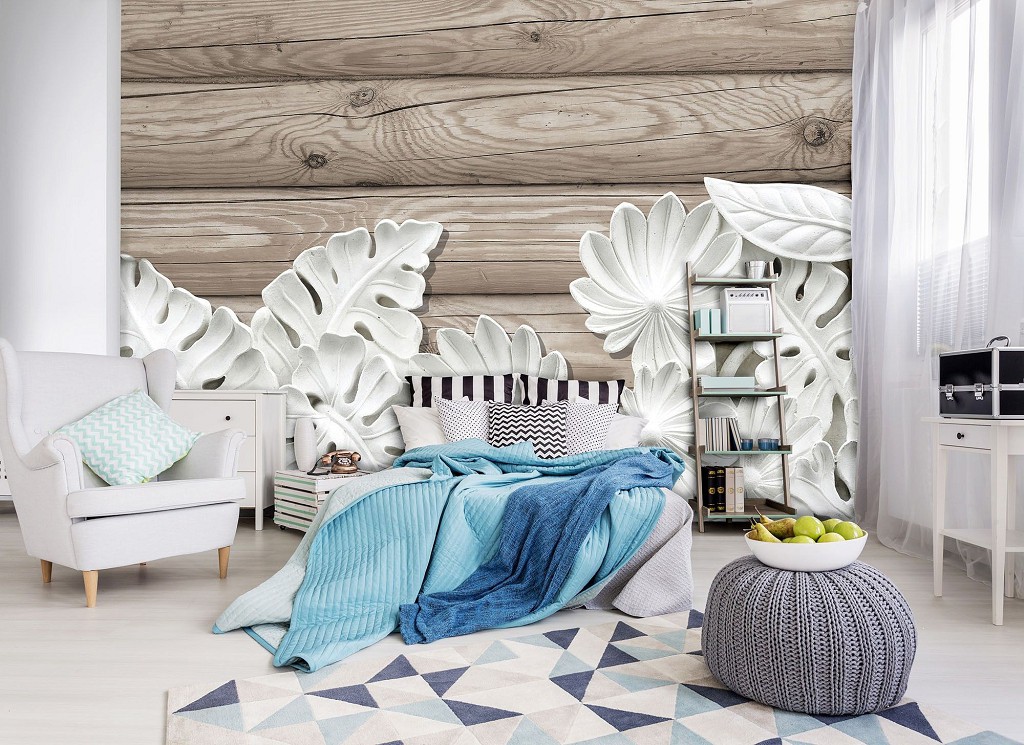 3d флизелиновые фотообои Барельеф Листья Алебастровые цветы на деревянных досках (10136V)+клей