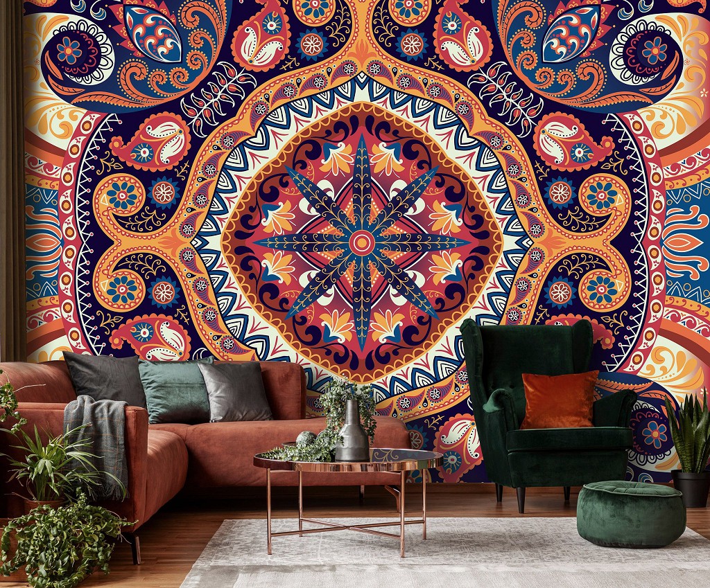 Абстрактні флізелінові фотошпалери східний візерунок 416x254 см Візерунок у квітковому різнокольоровому стилі (10142VEXXXL) +клей