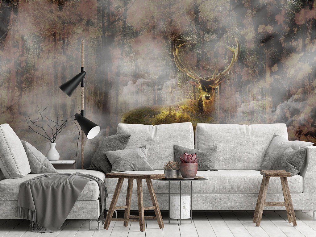 Флізелінові фотошпалери з природою тварини 416x254 см Олень у туманному лісі (10145VEXXXL) +клей