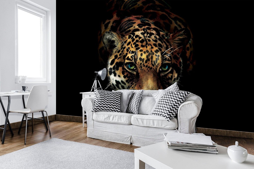 3д животные флизелиновые фотообои 368x254 см Ягуар на черном фоне (10148V8) +клей