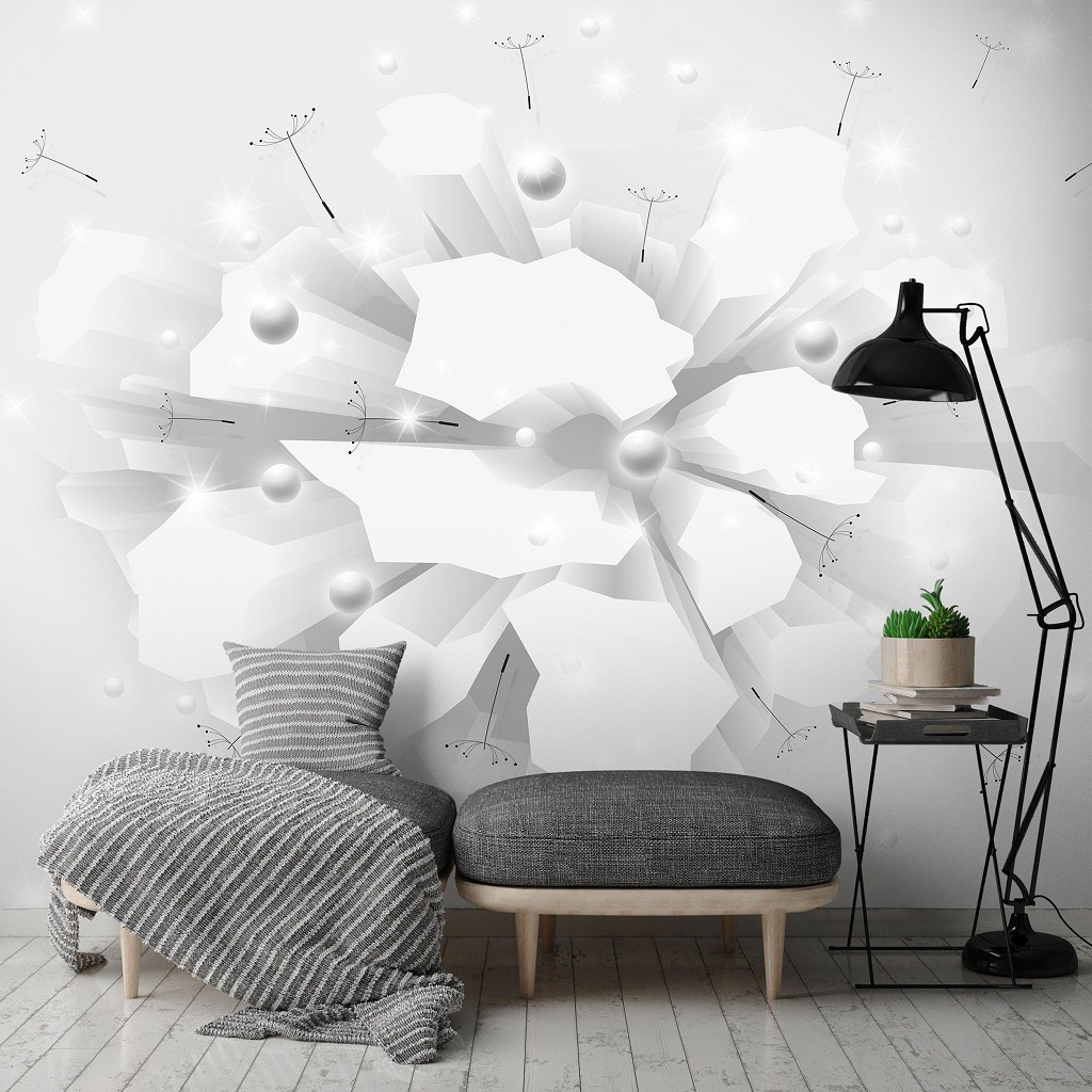 Абстрактні флізелінові фотошпалери на стіні Білі 3Д фігури кулі та кульбаби (10150V)+клей