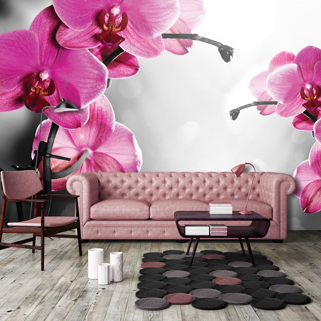 Флізелінові 3д фотошпалери квіти 520x318 см Дві рожеві орхідеї на чорно-білому тлі (10155VEXXXXXL) +клей